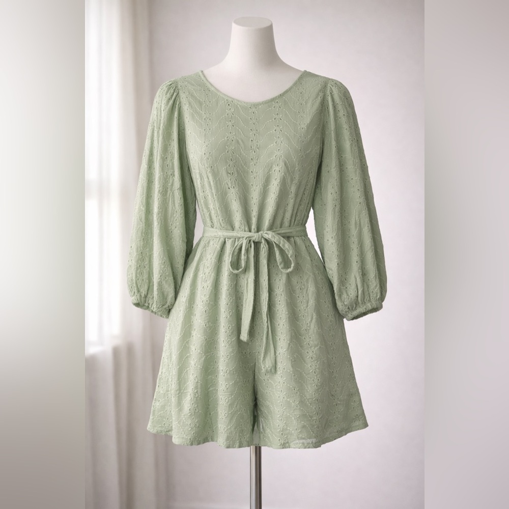 MELLODAY Sage Eyelet Tie-Waist Jumpsuit